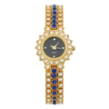 Luxury women's quartz watch with gold metal band and sparkling blue diamond petals - Gold Color Black
