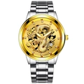 Detail of gold dragon relief on men's steel business watch with crystal markers - Silver Band Silver Case Gold Dial