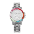 Luxury silver ladies watch with rainbow gemstone bezel and diamond-studded steel band - Silver