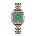 Détail du cadran vert à effet soleil et chiffres dorés sur la montre carrée - Vert