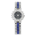 Elegant silver quartz watch for women with rhinestone inlay and navy blue crystal accents - Silver Band Black Dial