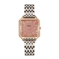 Square rose gold quartz watch with pink frosted dial and two-tone metal link strap - Pink