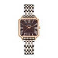 Detail of square quartz watch with two-tone metal strap and brown Roman numeral dial - Brown