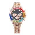 Close-up of rose gold watch with rainbow crystal bezel and diamond-studded steel strap - Rose Gold Black Face
