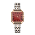 Close-up of red square dial watch with Roman numerals and silver rose gold metal strap - Burgundy