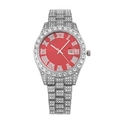 Macro detail of luxury watch with red Roman dial and sparkling rhinestone-studded steel strap - Silver Red Face