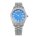 Luxurious silver steel watch with sparkling rhinestones, blue dial and Roman numerals - Silver Blue Dial