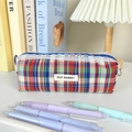 Detail of red plaid cosmetic bag featuring delicate white lace trim and May Rabbit label - Stripe Plaid Lace Trim Pencil Case