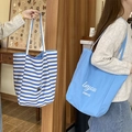 Borsa tote in tela a righe e borsa a spalla azzurra con stampa beyou merci a mano - merci Righe Blu