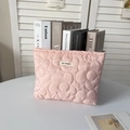 Détail d'une trousse de maquillage rose matelassée avec motif floral et étiquette de marque - Coton Matelassé Floral Rose