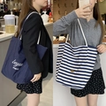 Grandi borse tote in tela blu navy con scritte e classiche strisce orizzontali - merci Righe Blu Notte