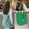 Sacs cabas en toile à rayures vertes et couleur unie pour femmes, grande capacité - merci Rayures Vertes