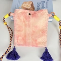 Detail of pink tie-dye crossbody bag with bohemian embroidery and purple tassels - Peach Pink Mini Crossbody Bag