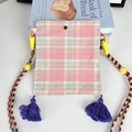 Detail of checkered crossbody bag with purple tassels and yellow rope strap - Cute Pink Plaid Mini Crossbody Bag