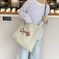 Green and white checkered canvas tote bag with red Candy logo and large capacity - Candy Checkered Shopping Crossbody Bag: Grey
