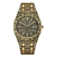 Vintage gold relief pattern men's quartz watch with calendar display and engraved band - Gold Case Gold Dial