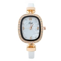Elegant women's watch with rose gold oval case, crystal bezel, and white leather strap - White