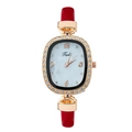 Elegant women's quartz watch with red leather strap and rhinestone oval gold case - Red