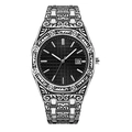 Macro detail of silver watch with intricate black totem engravings and textured black dial - Silver Case Black Dial