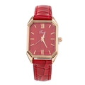 Reloj de cuarzo para mujer cuadrado con esfera roja, caja dorada y correa de piel roja - Rojo
