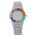 Rainbow bezel diamond-encrusted stainless steel watch with colorful zircon and date display - Silver