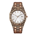 Detailed view of bronze-toned embossed floral carvings on the watch band and bezel - Rose Gold Case White Face