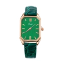 Reloj de cuarzo cuadrado vintage para mujer con caja de oro rosa y correa de cuero verde - Verde