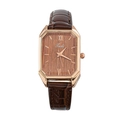 Detail of rectangular rose gold watch with brown leather strap and Roman numerals - Brown