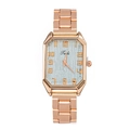 Women's rose gold square quartz watch with silver textured dial and orange numerals - White