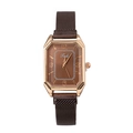 Dettaglio dell'orologio rettangolare in oro rosa con quadrante marrone e cinturino a maglia - Marrone