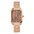 Macro detail of rose gold rectangular watch case with brown dial and metal link bracelet - Brown