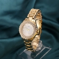 Elegant gold quartz watch for women with sparkling crystal dial and metallic steel band - Gold