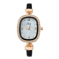 Detailed view of women's vintage square watch with rose gold crystal-set bezel and leather strap - Black