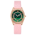 Women's fashion watch with pink leather strap, diamond bezel, and green marble dial - Pink