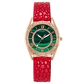 Fashion women's watch with rose gold diamond bezel, green marble dial and red leather strap - Red