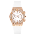 Fashionable rose gold watch for women with rhinestones and white silicone strap - White