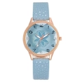 Chic women's watch with light blue floral dial and rose gold case on pebble leather strap - Light Blue