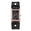 Vintage women's quartz watch with rectangle rhinestone case and leather strap - Black