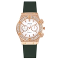 Montre quartz luxe or rose avec lunette diamantée et bracelet silicone vert foncé - Vert