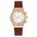 Fashion rose gold quartz watch with rhinestone bezel and brown silicone strap - Brown