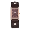 Vintage rectangular women's watch with rose gold diamond case and dark brown leather strap - Dark Coffee