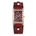 Vintage rectangular quartz watch with H-shaped rhinestone case and red leather strap - Burgundy