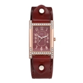 Retro square ladies watch with diamond-set rose gold case and red-brown leather rivet strap - Burgundy