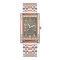 Elegant rectangular quartz watch with olive green dial and crystal-studded steel band - Green