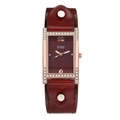 Detail of vintage square quartz watch with diamond markers and wide red leather strap - Burgundy