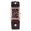 Vintage square women's quartz watch with brown leather strap and diamond-set case - Coffee