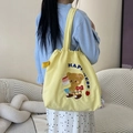 Large yellow canvas tote bag with cartoon bear embroidery and drawstrings for daily use - Happy Bear (Yellow)