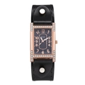 Women's vintage square watch with rose gold diamond case and black leather wristband - Black