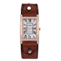 Detailed macro view of retro rectangular quartz watch with crystal rose gold case - Burgundy With White Dial