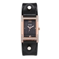 Detalle de reloj rectangular oro rosa con asas en H de strass y correa de cuero negro - Negro